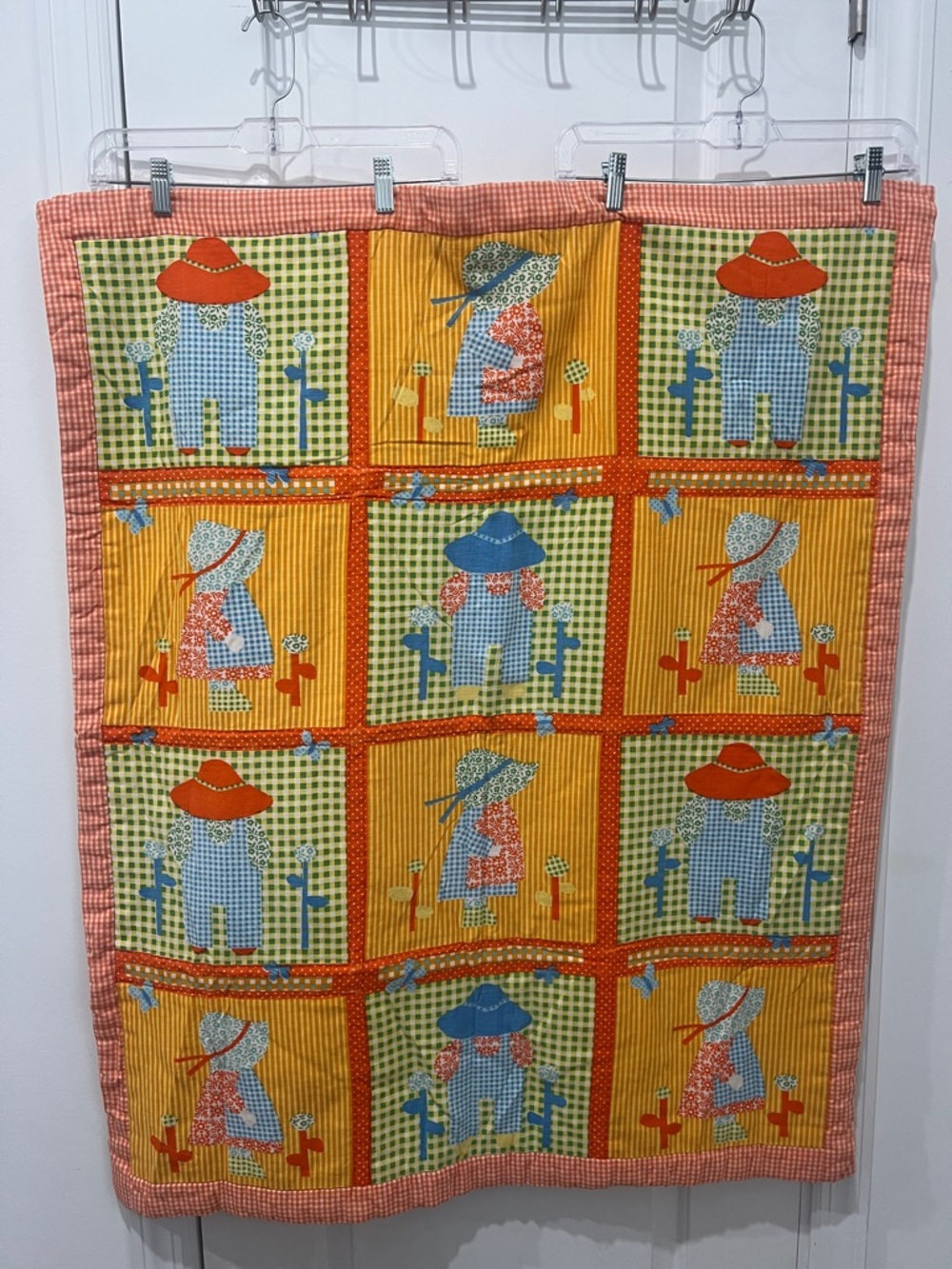 Vintage Patchwork Sunbonnet Baby Quilt - Yellow, Orange, Blue,‎ Green